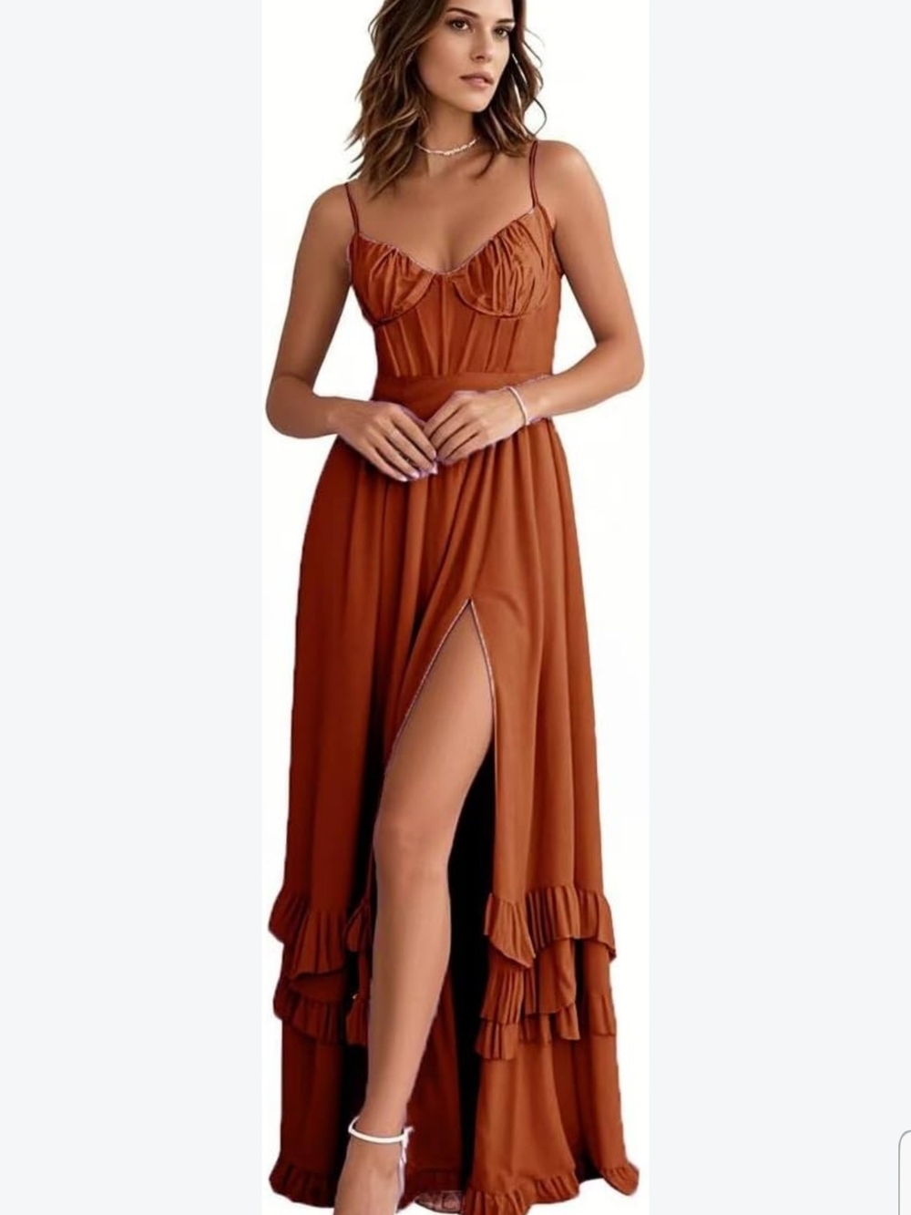 Rust Brown Ruffle Maxi Dress with Bustier Detail